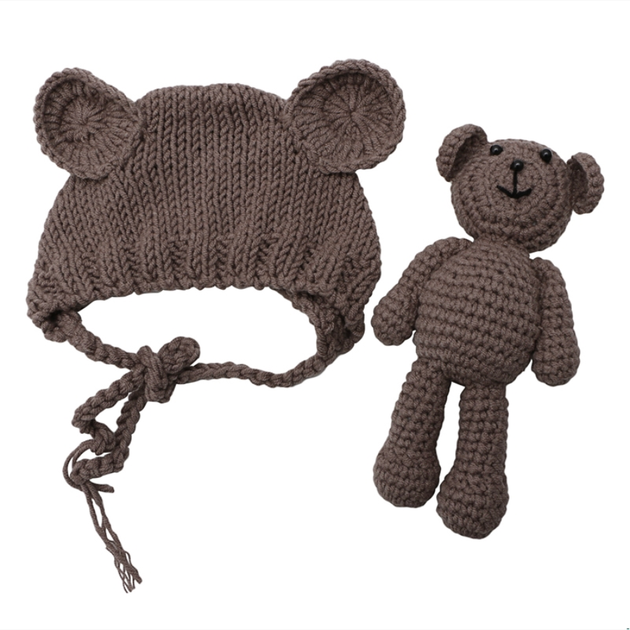 Brown Lovey hand knitted newborn baby bear hat with matching teddy by Reborn dolls by Sara.