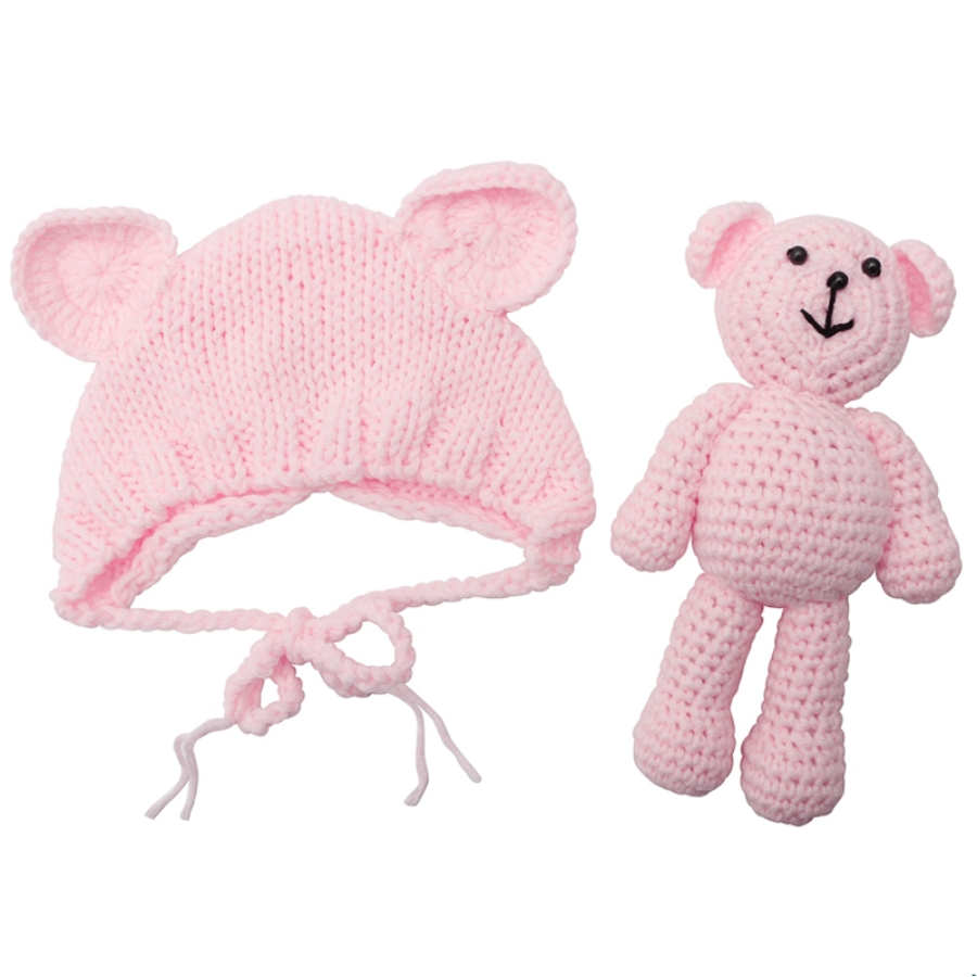 Light baby pink Lovey hand knitted newborn baby bear hat with matching teddy.