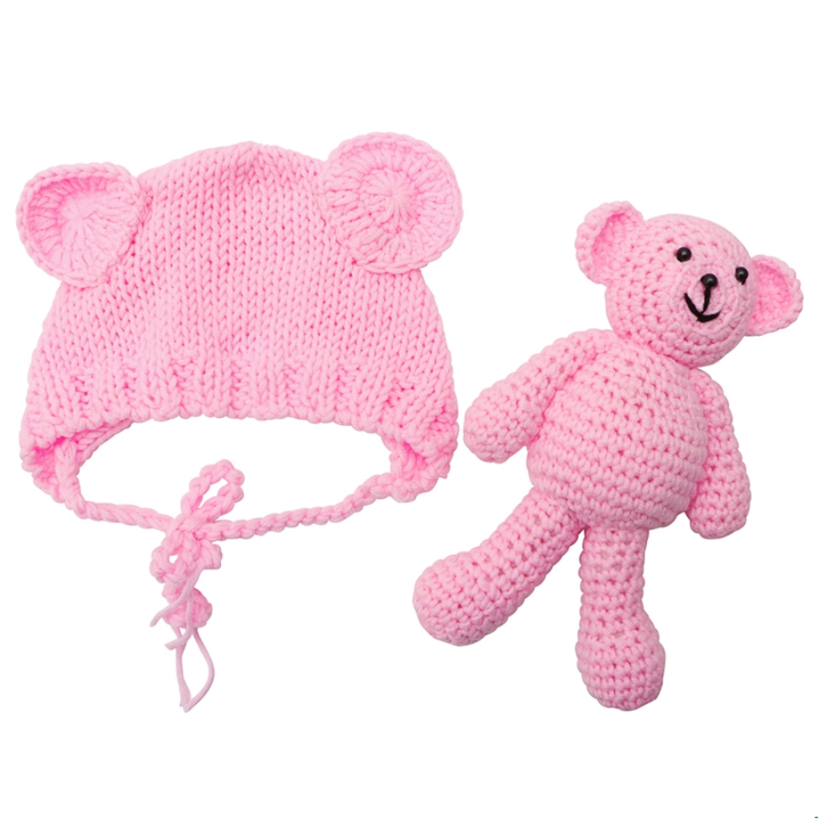 Pink Lovey hand knitted newborn baby bear hat with matching teddy.