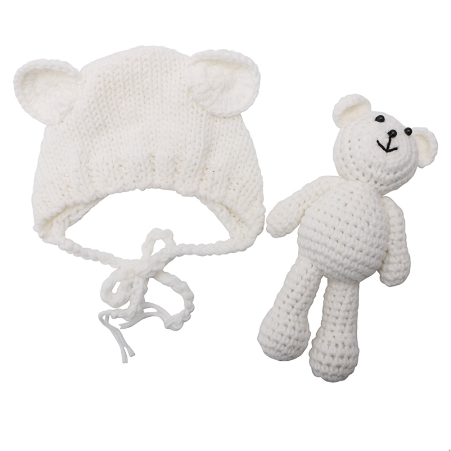 Ivory white Lovey hand knitted newborn baby bear hat with matching teddy.