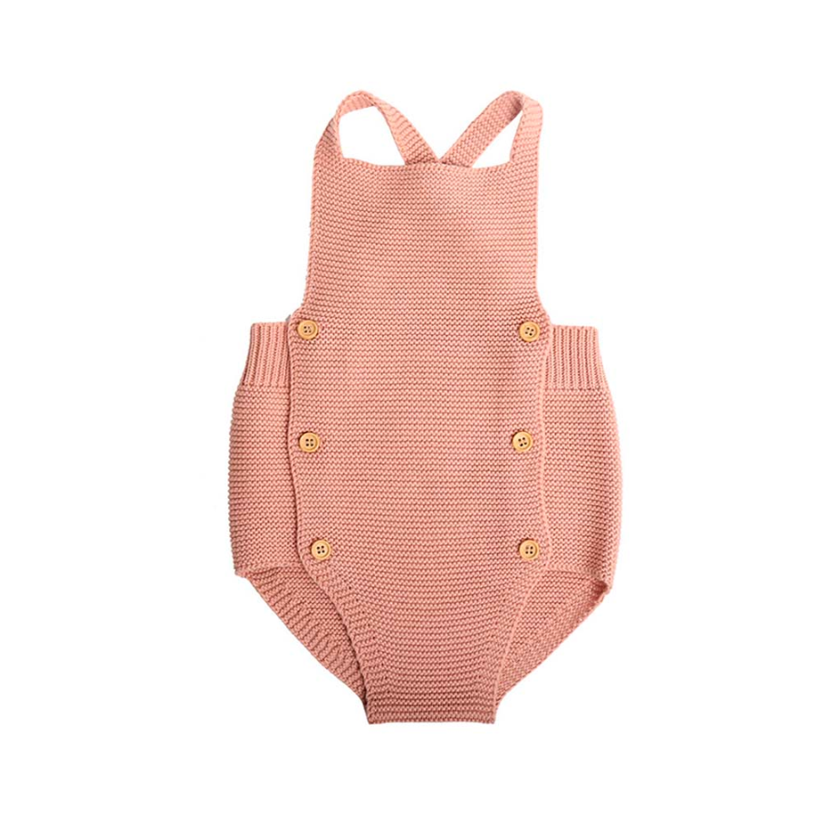 Rose/Baby pink knitted overall romper onesie for baby girls and reborn dolls.