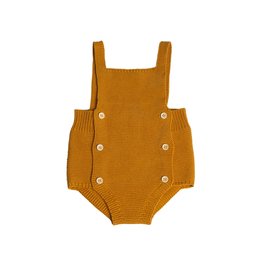 Mustard Yellow knitted overall romper onesie for baby girls and reborn dolls.