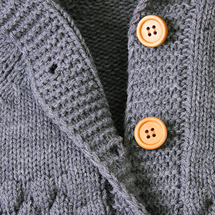 Close-up of the buttons on the grey long-sleeve teddy bear romper for reborn dolls.