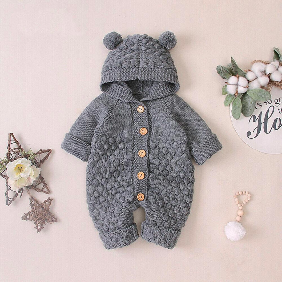 Grey knitted long-sleeve button-down teddy bear romper with hood and two pompoms for reborn baby dolls.
