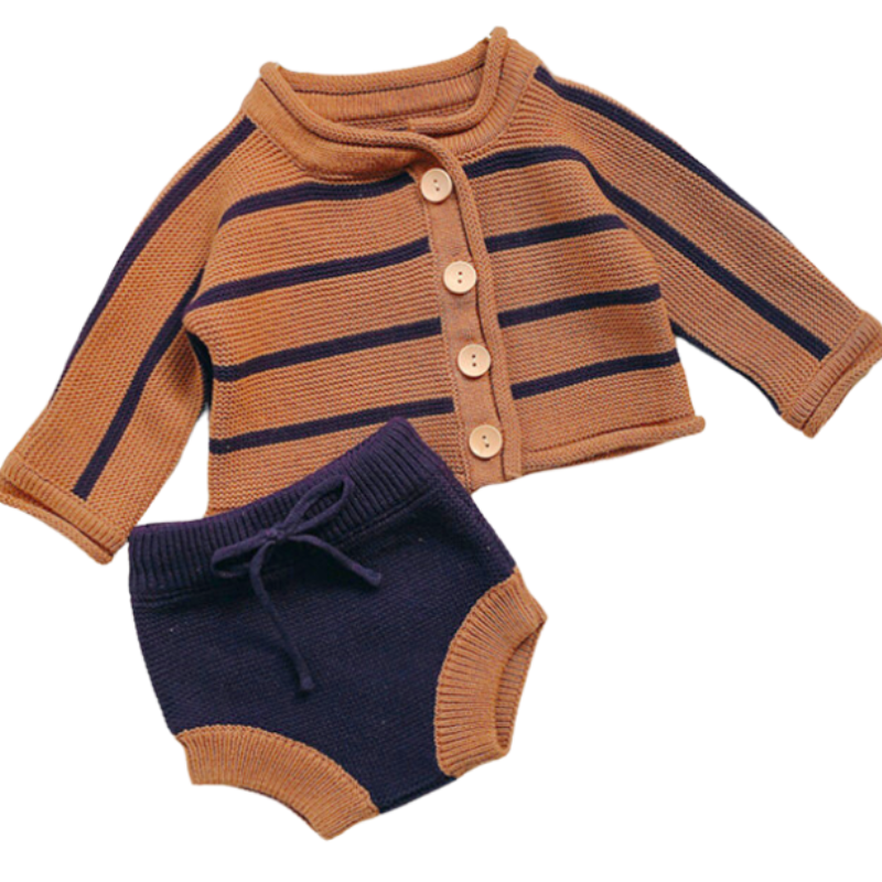 Light brown knitted button up cardigan with navy blue stripes and matching bloomers for reborn dolls and baby boys.