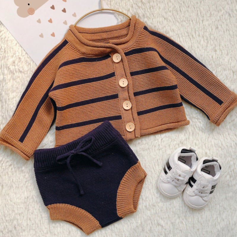 Light brown knitted button up cardigan with navy blue stripes and matching bloomers for reborn dolls and baby boys.