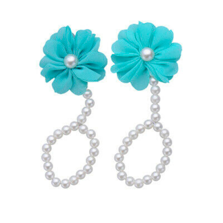 Turquoise teal Tootsie Blooms Newborn Baby Barefoot Sandals Pearl with flowers dotted in pearls for reborn dolls.