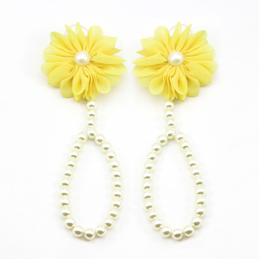 Yellow Tootsie Blooms Newborn Baby Barefoot Sandals Pearl with flowers dotted in pearls for reborn dolls.