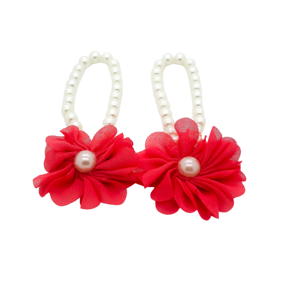 Red Tootsie Blooms Newborn Baby Barefoot Sandals Pearl with flowers dotted in pearls for reborn dolls.