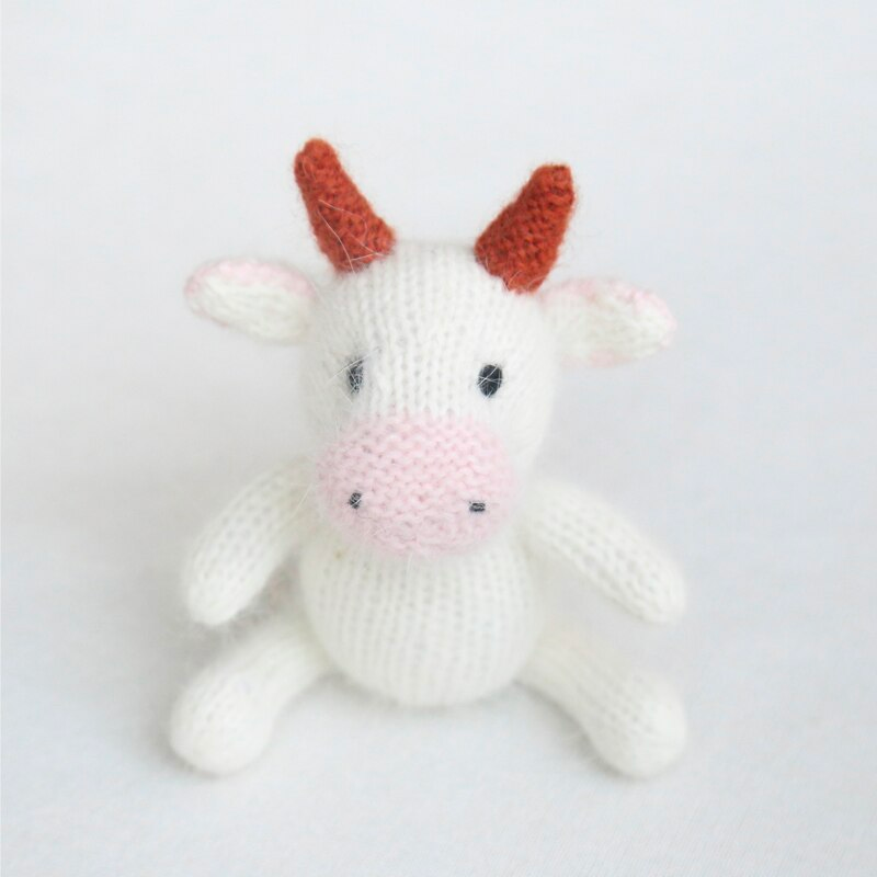 Pink and white crochet knitted angora goat mohair wool cow stuffy for newborn photography and reborn dolls.