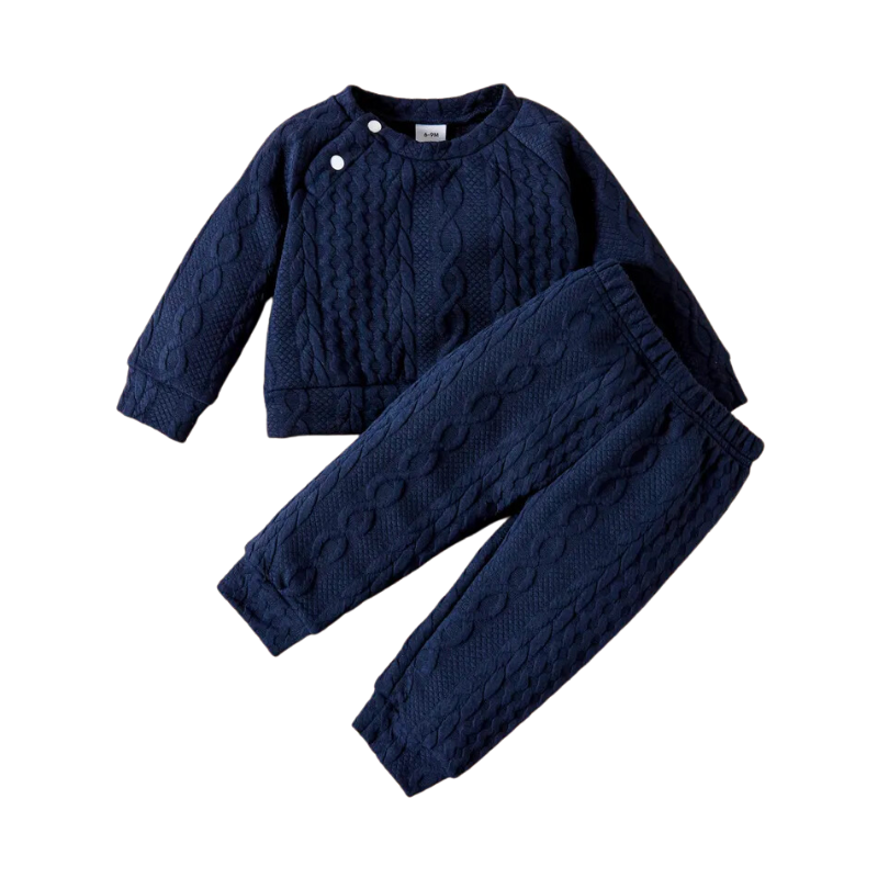 Navy Blue knitted pullover two piece outfit with matching pants for reborn dolls or cuddle babies or newborn babies. Hand knit newborn outfit.