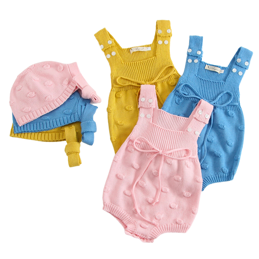 Pink, mustard yellow and powder blue knitted overall onesies with dots and matching vintage bonnets with drawstrings for baby girls and reborn dolls.