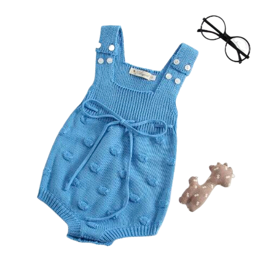 Powder blue knitted overall onesie with dots and matching bonnet for baby girls and reborn dolls.