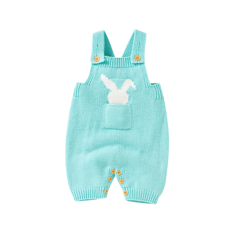 Aqua knitted overall shorts with front pockets on the chest and a little white silhouette of a bunny sticking out of the pocket for newborn babies and reborn dolls.