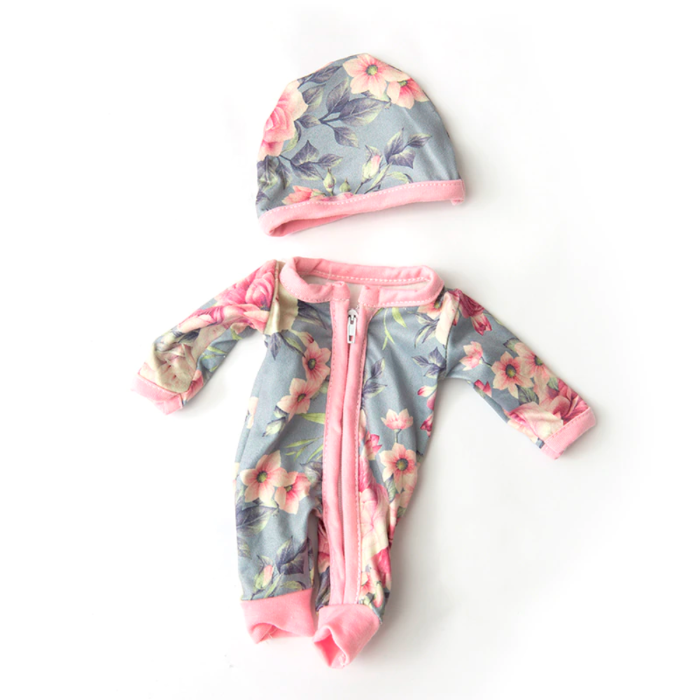 Grey with pink trim floral 10-12" Mini Reborn Doll Rompers with Matching Hats