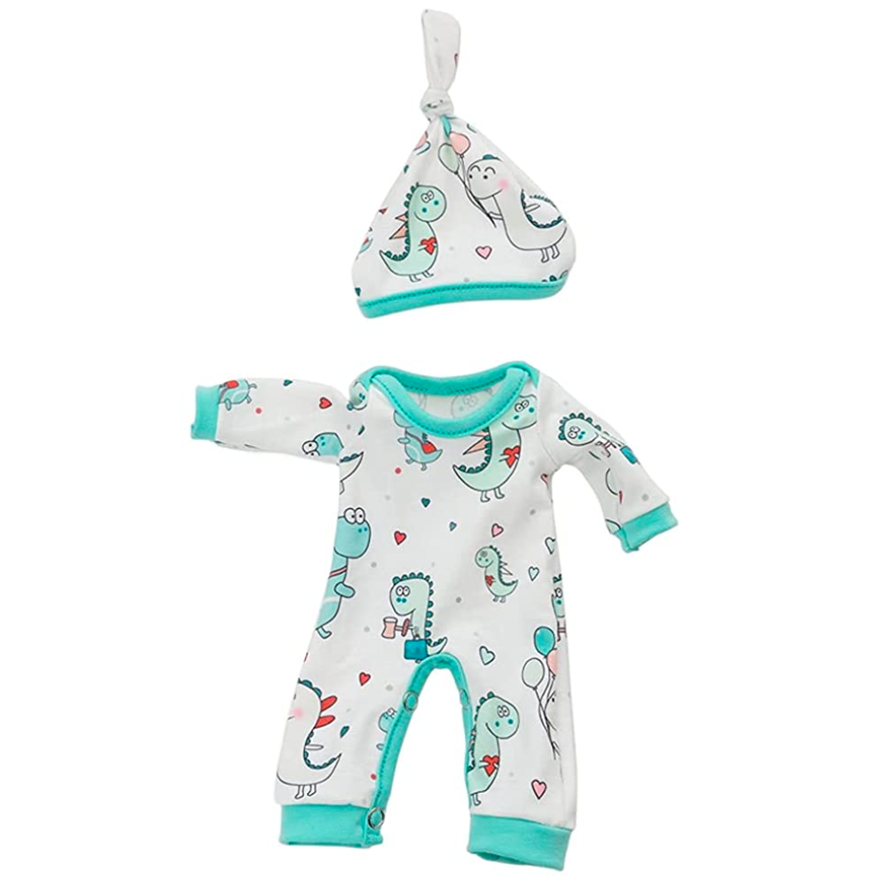 White with cyan trim dinosaur romper 10-12" Mini Reborn Doll Rompers with Matching Hats