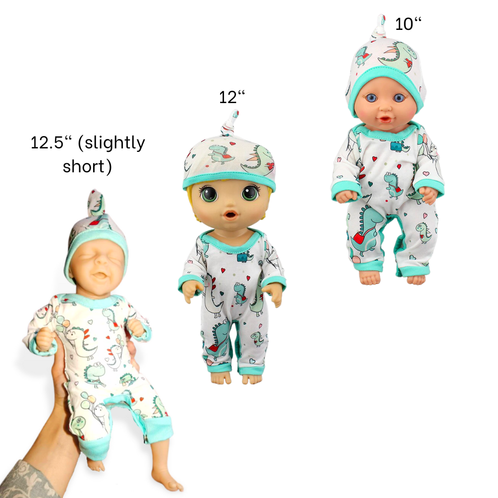 Salia by Olga Auer, Baby Alive and a 10" reborn wearing dinosaur romper 10-12" Mini Reborn Doll Rompers with Matching Hats