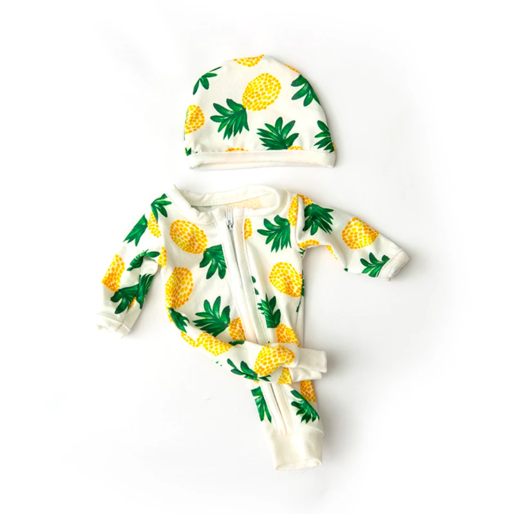 White with pineapples 10-12" Mini Reborn Doll Rompers with Matching Hats