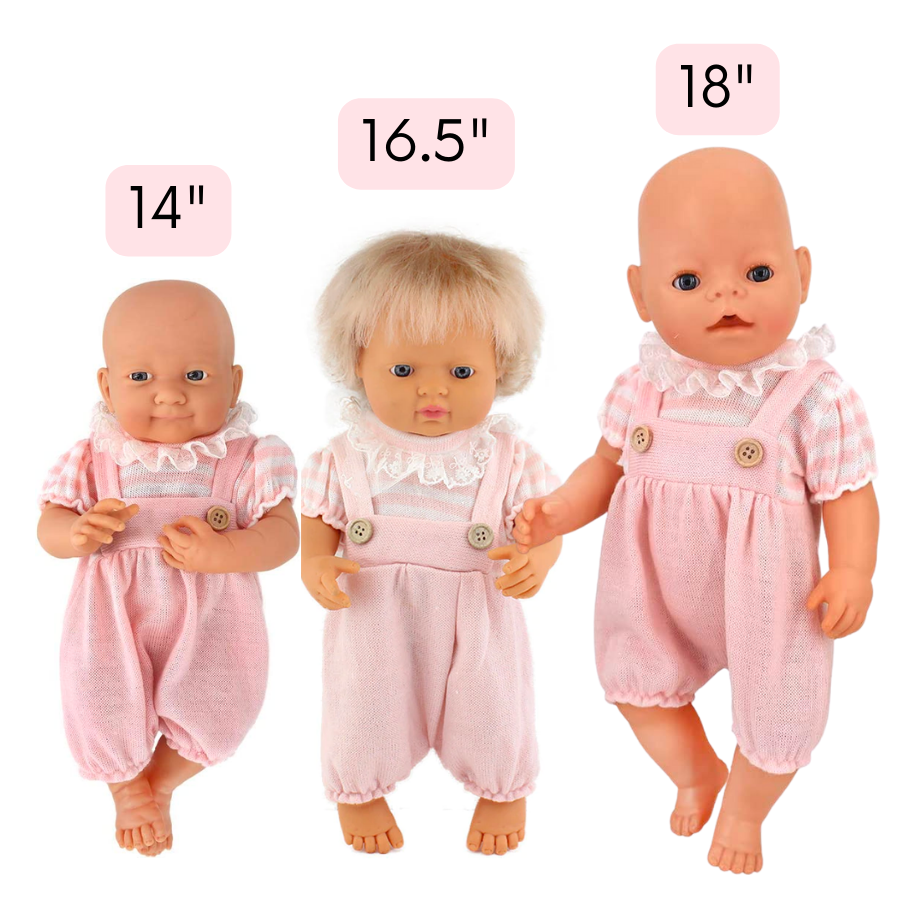 Three dolls wearing the Emily and Anna Spanish baby bubble romper for reborn dolls.