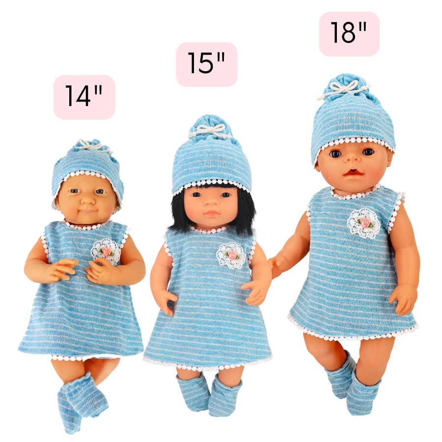 A La Newborn Berenguer Baby, 15" doll, and Baby Born wearing a Blue and white striped 14-18" preemie dresse with Matching drawstring hat and Socks. Ideal for thinner or shorter dolls, such as Baby Borns, Baby Alives, La Newborn Berenguer Babies, Cabbage Patch Dolls, etc.