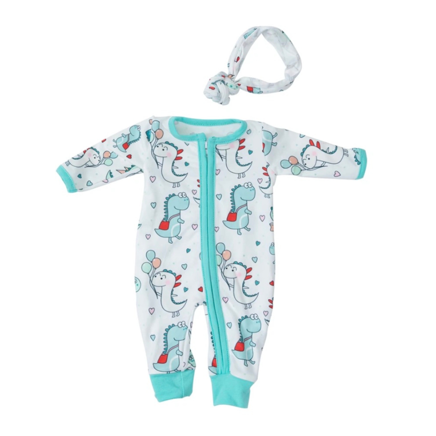 White and cyan blue dinosaurs and hearts preemie sized zip-up rompers with matching headbands for small dolls and preemie reborn dolls up to 17" in height.