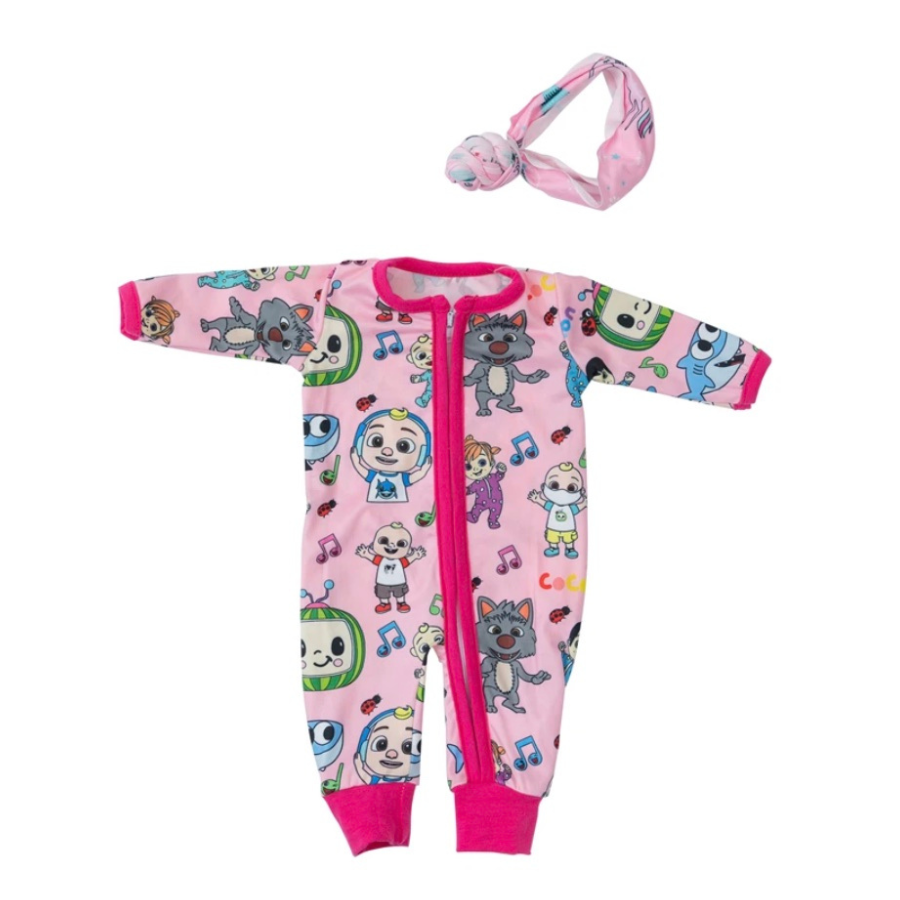 Pink Cocomelon preemie sized zip-up rompers with matching headbands for small dolls and preemie reborn dolls up to 17" in height.