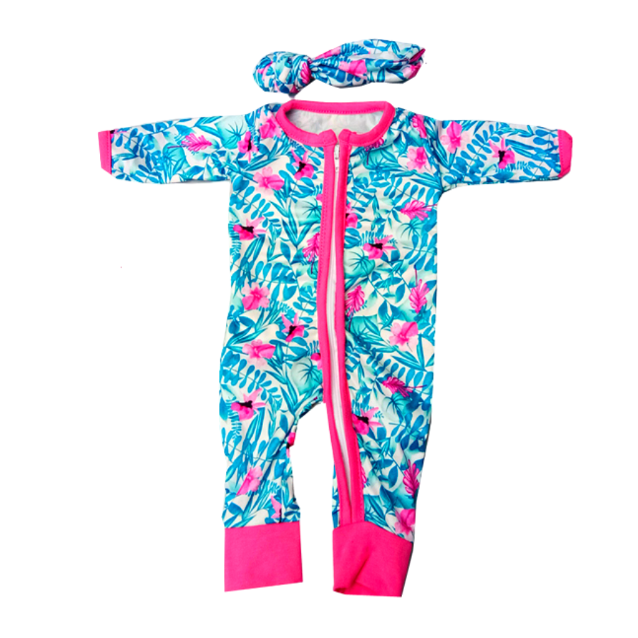 preemie sized zip-up rompers with matching headbands for small dolls and preemie reborn dolls up to 17" in height.