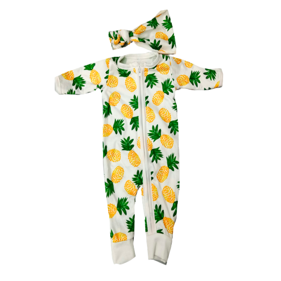 White with pineapples preemie sized zip-up rompers with matching headbands for small dolls and preemie reborn dolls up to 17" in height.White with pineapples preemie sized zip-up rompers with matching headbands for small dolls and preemie reborn dolls up to 17" in height.