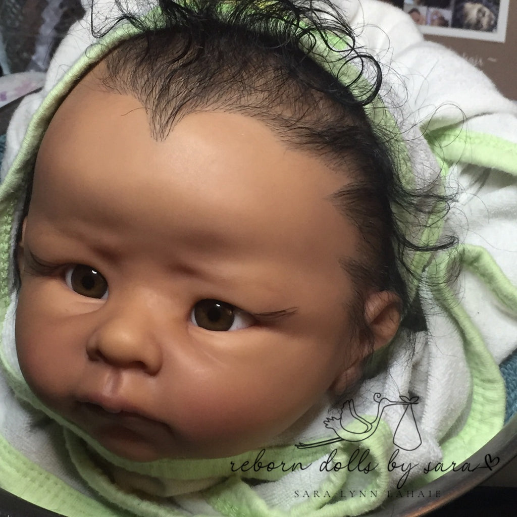Cuddle baby Andi awake by Linda Murray for sale by Sara Lahaie of Reborn Dolls by Sara in Canada.