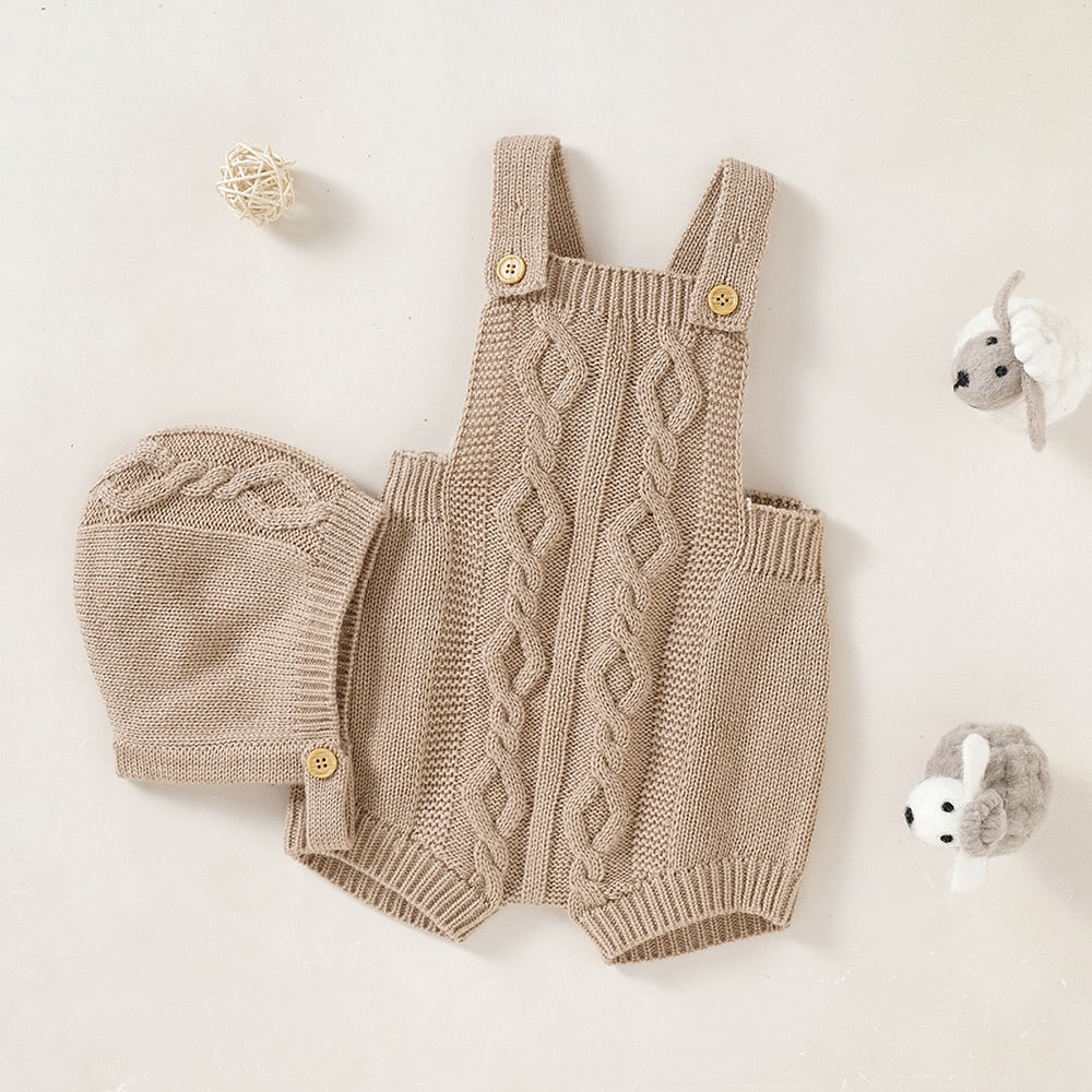 Beige coloured Spanish knitted shortalls with matching bonnet for babies and reborn dolls.