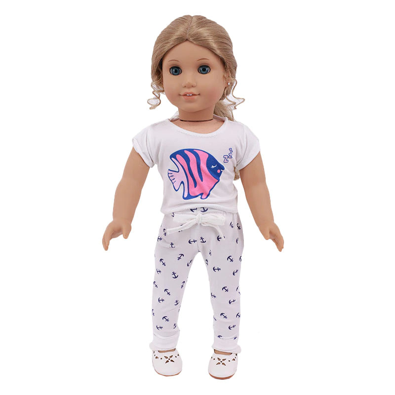 White nautical anchor with fish Preemie and small doll pyjamas for micro and mini reborn dolls up to 17" in height, Berenguer babies, American Girl Dolls, Baby Alive, Baby Born, Tink, Twin A, Twin B, Delilah, etc.