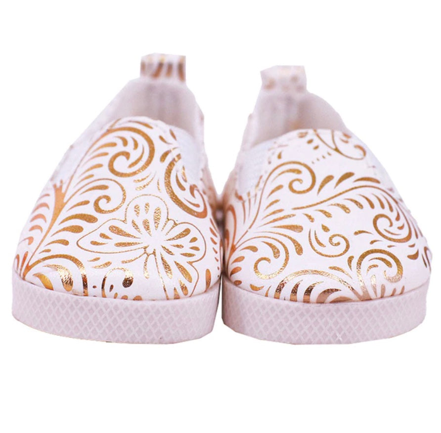 White canvas flats with gold paisley design American Girl Doll Shoes for micro or mini reborn dolls.Micro mini preemie reborn doll shoes. White canvas shoes with yellow gold designs on them for American Girl Dolls, reborns and cuddle babies. Stars, Hearts, Mickey Mouse, Symbols, Butterflies, Paisley and Horses.