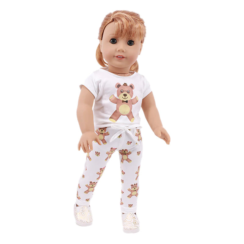 White teddy bear print Preemie and small doll pyjamas for micro and mini reborn dolls up to 17" in height, Berenguer babies, American Girl Dolls, Baby Alive, Baby Born, Tink, Twin A, Twin B, Delilah, etc.