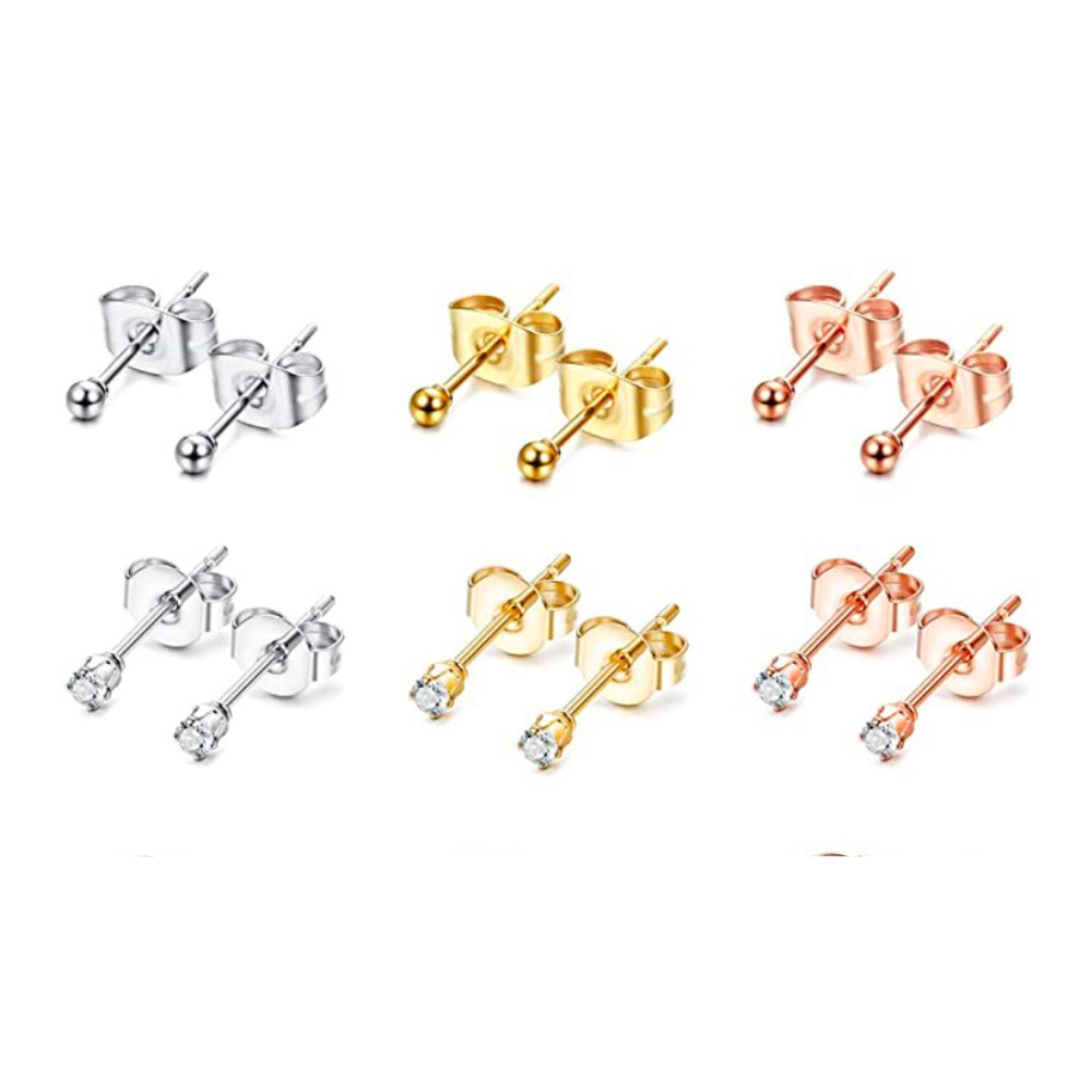 Six pairs of sterling silver stud, yellow gold stud, rose gold stud, sterling silver cubic zirconia (CZ), yellow gold cubic zirconia, and rose gold cubic zirconia baby earrings for reborn baby girls.