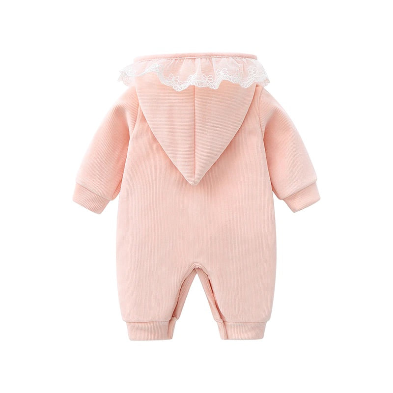 Back of a pink button-down baby snowsuit for reborn girl dolls with pixie hood, lace trim on the hood, and a white silky bow at the neckline.
