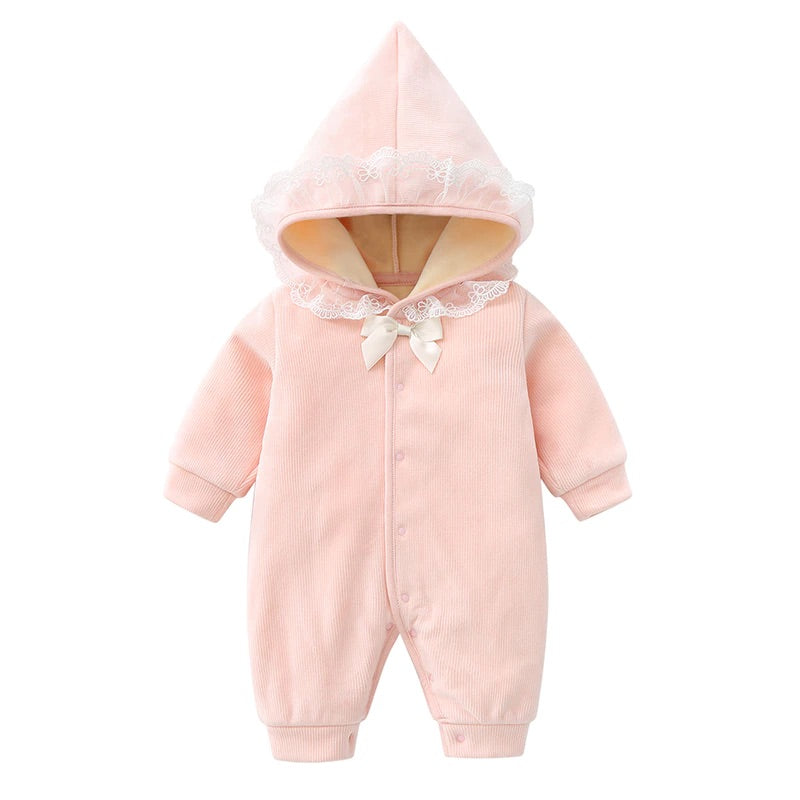 Pink button-down baby snowsuit for reborn girl dolls with pixie hood, lace trim on the hood, and a white silky bow at the neckline.