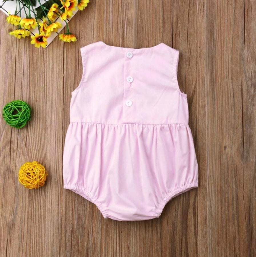 Back of pink Spanish baby clothing bubble romper for reborns and babies: reborn doll clothing