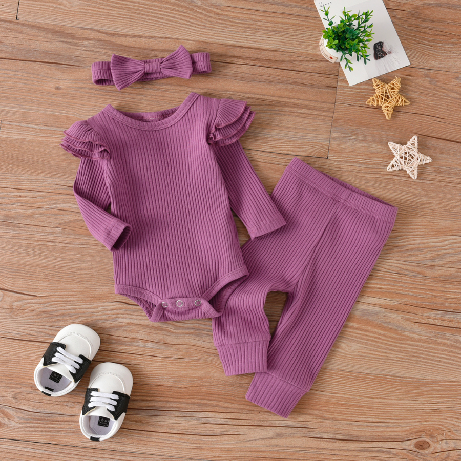 Purple Simple Ribbed Three-Piece Boho Baby Girl Outfits for newborn babies and reborn baby girls dolls.