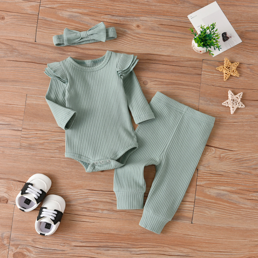 Sage green Simple Ribbed Three-Piece Boho Baby Girl Outfits for newborn babies and reborn baby girls dolls.