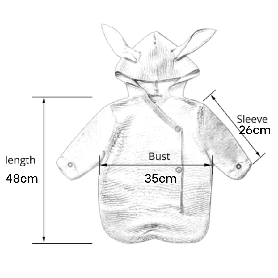 Size details of a knitted bunny rabbit sleep sacks sleeping bags for newborn babies and reborn dolls.