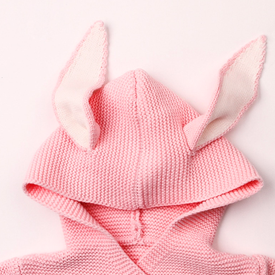 Hood on a pink knitted bunny rabbit sleep sacks sleeping bags for newborn babies and reborn dolls.