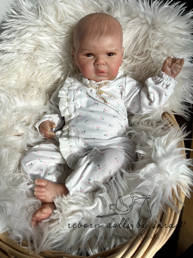 20" Newborn and 0-3M Affordable reborn baby girl doll Brielle for sale. Brown eyes, painted hair, caucasian.