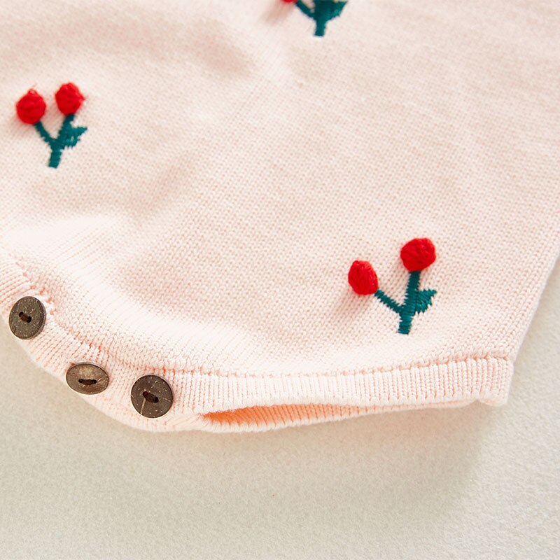 Close-up of bottons on the crotch of a pink  knitted 100% cotton long-sleeve onesie with red, 3D cherries on it for baby girls and reborn dolls