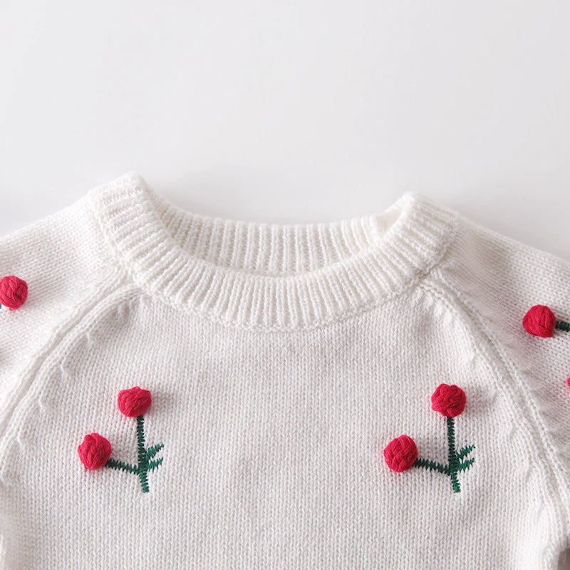 Close-up of neckline on the White knitted 100% cotton long-sleeve onesie with red, 3D cherries on it for baby girls and reborn dolls