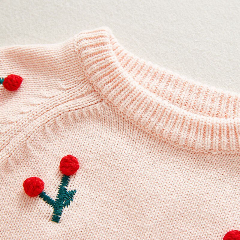 Close-up of neck / collar on pink  knitted 100% cotton long-sleeve onesie with red, 3D cherries on it for baby girls and reborn dolls