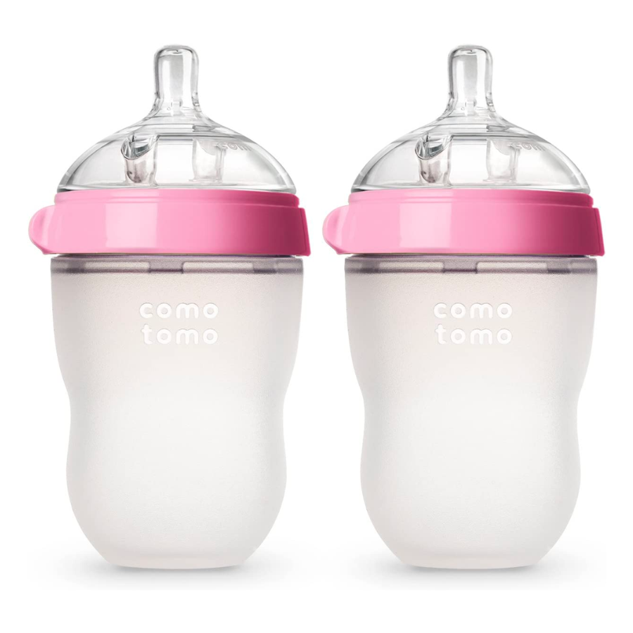 Two pack pink and green comotomo baby bottles small and large.