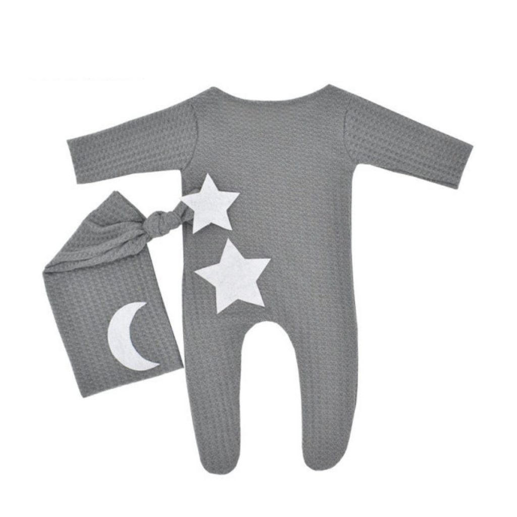 Grey vintage romper pyjamas with night cap, moon, stars, cotton for reborn dolls or newborn photography.