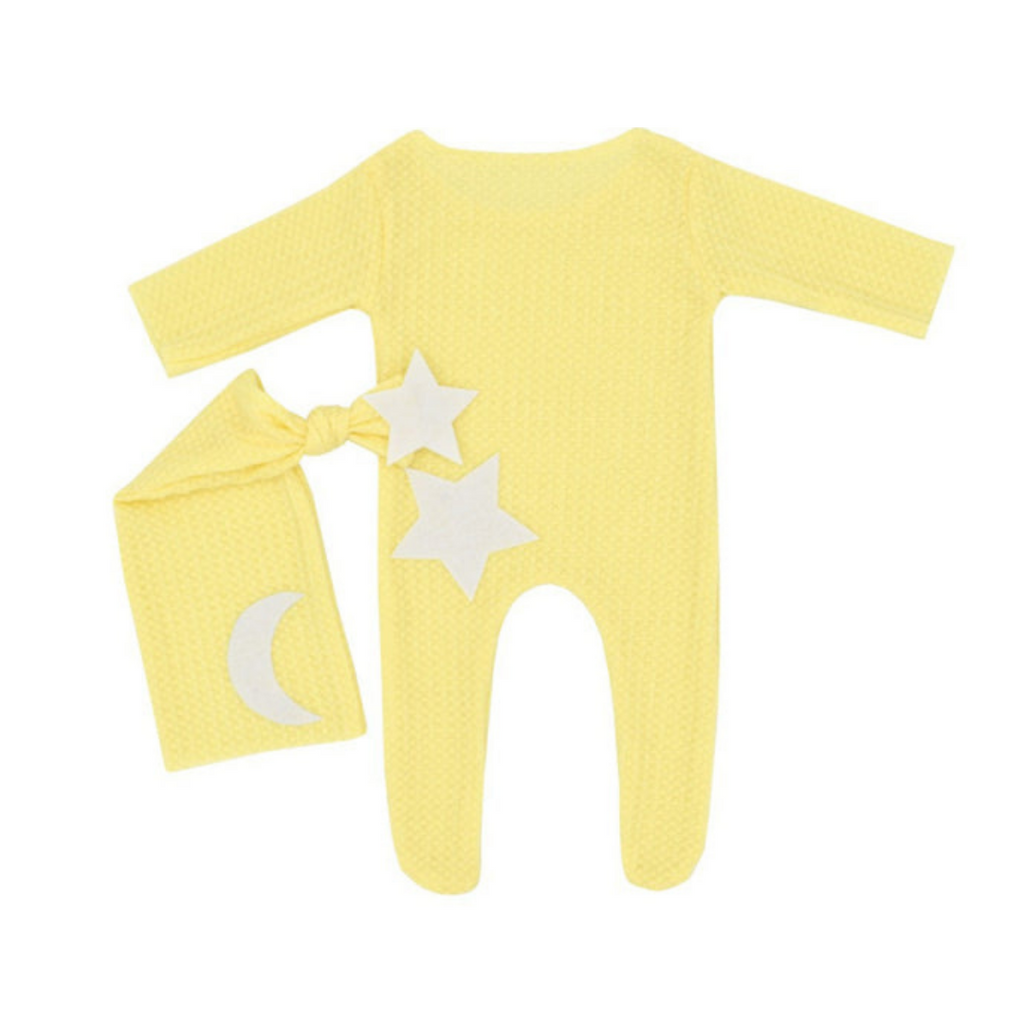 Yellow vintage romper pyjamas with night cap, moon, stars, cotton for reborn dolls or newborn photography.