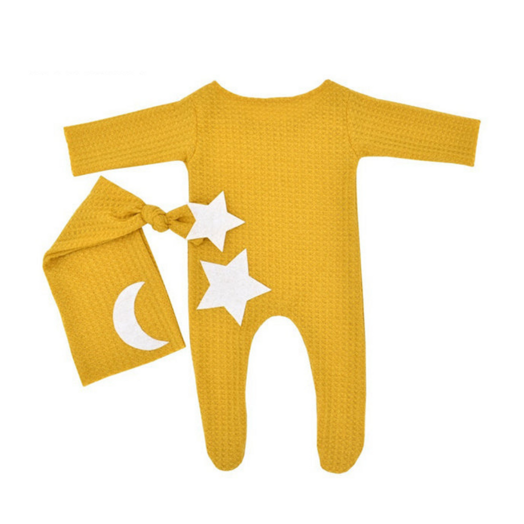 Mustard yellow vintage romper pyjamas with night cap, moon, stars, cotton for reborn dolls or newborn photography.