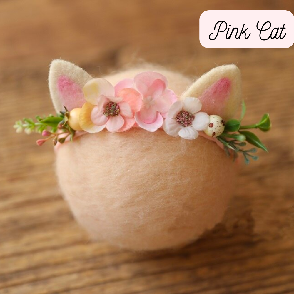 Pink cat ear headband with faux flowers for newborn photography, reborns and reborn baby dolls.